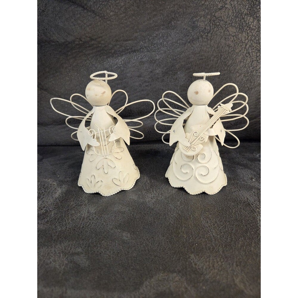 Set of 2 Shabby Chic Metal Musical Angel Figurines - White Cream - Lyre & Lute